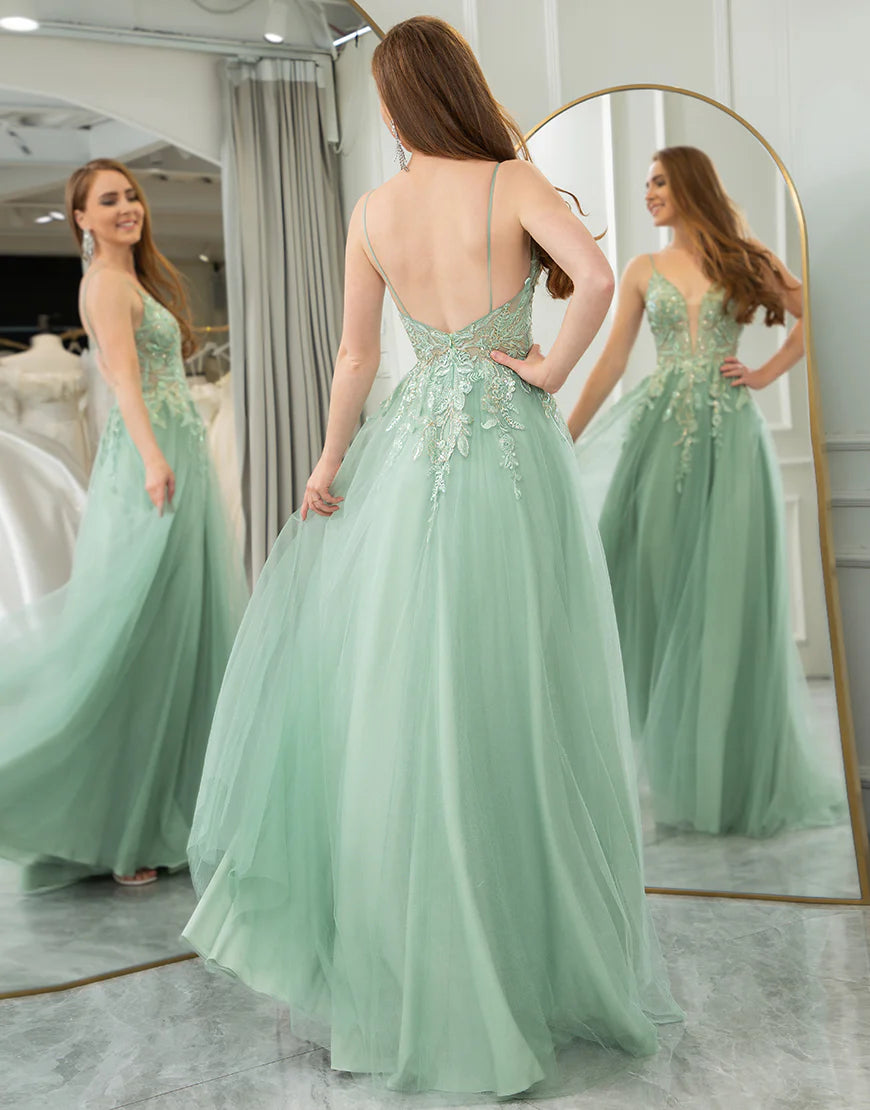 Green A Line Princess Tulle Long Prom Dress With Appliques