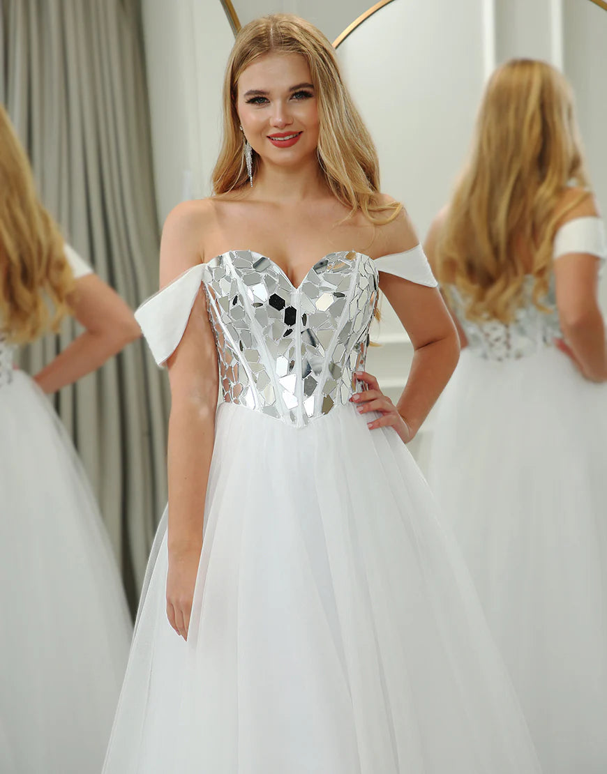 White A Line Princess Tulle Off the Shoulder Long Mirror Prom Dress
