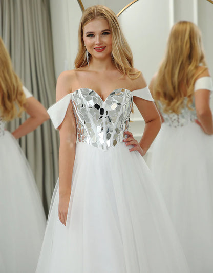 White A Line Princess Tulle Off the Shoulder Long Mirror Prom Dress