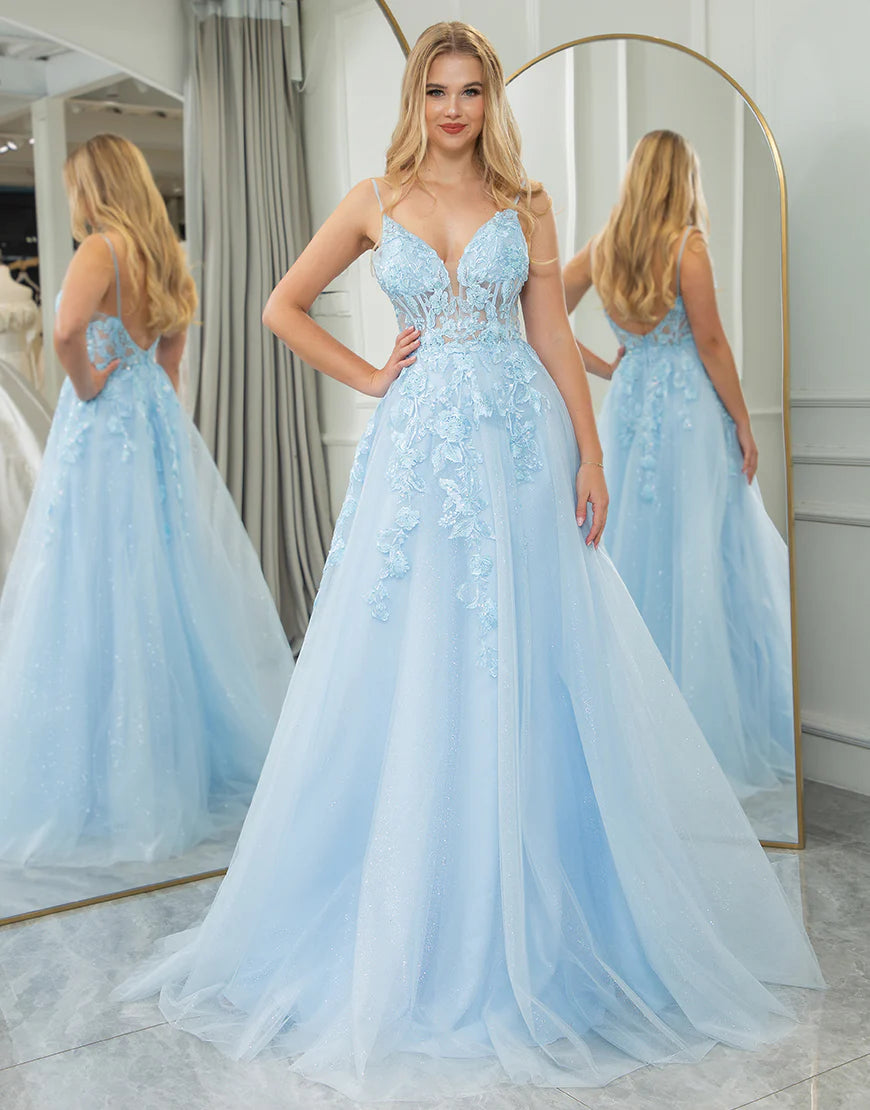 Light Blue A Line Princess Tulle Backless Long Prom Dress With Appliques