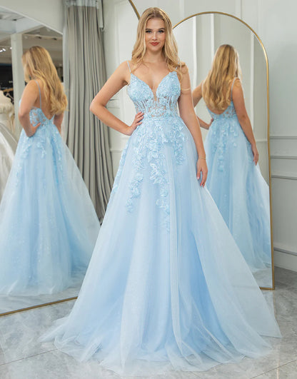 Light Blue A Line Princess Tulle Backless Long Prom Dress With Appliques