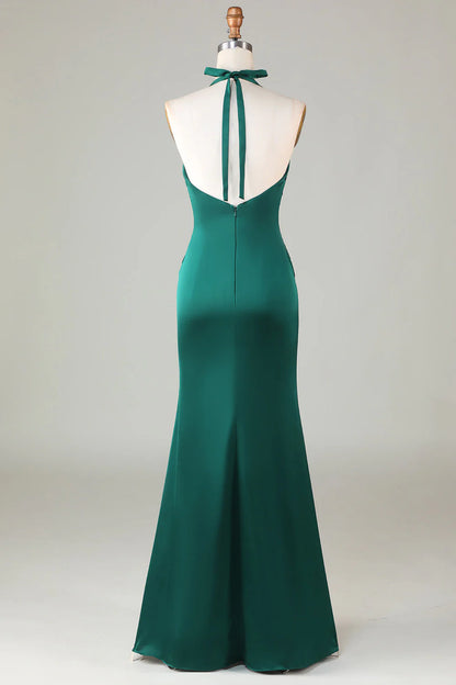 Halter Emerald Green Ruched Mermaid Wedding Guest Party Dress