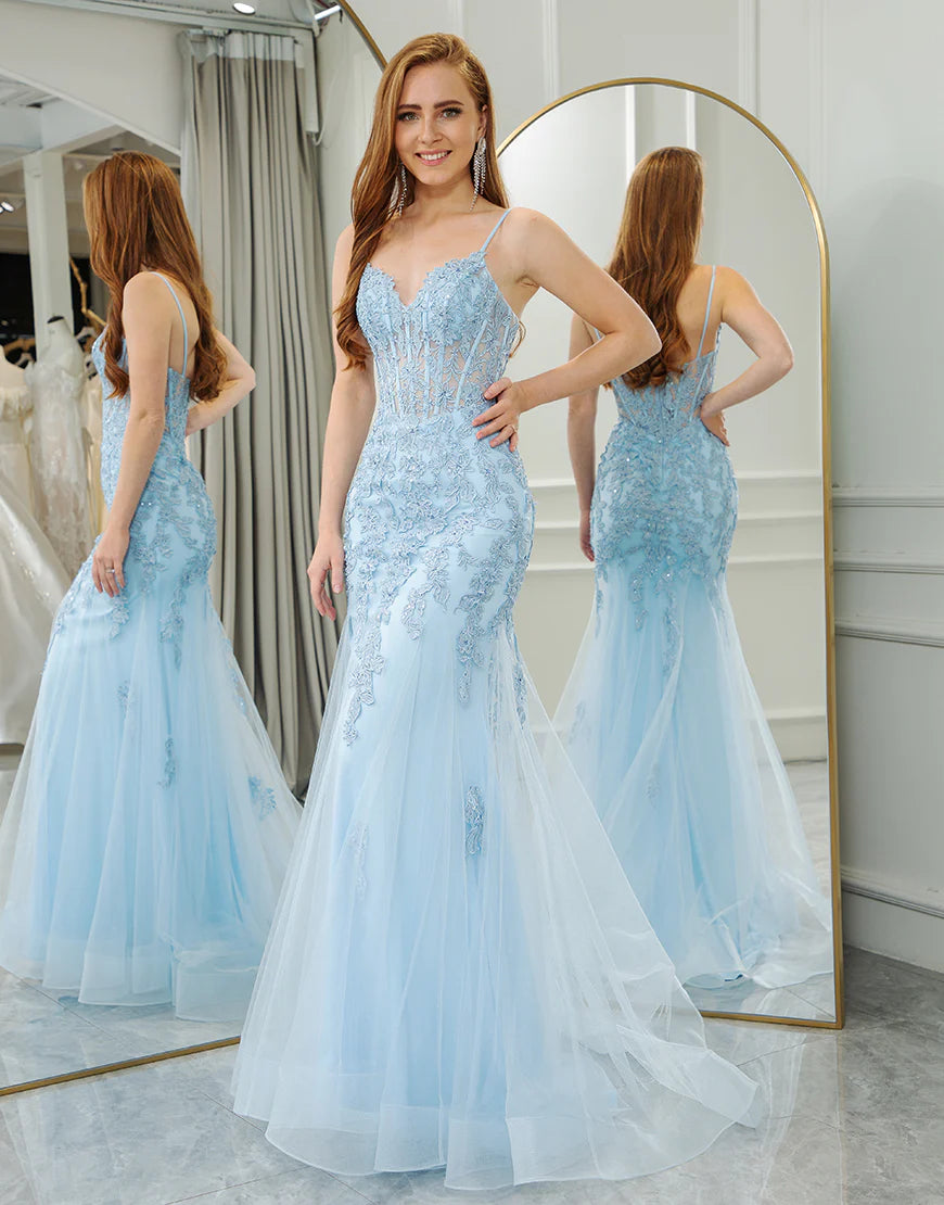 Light Blue Mermaid Backless Sweetheart Long Prom Dress With Slit