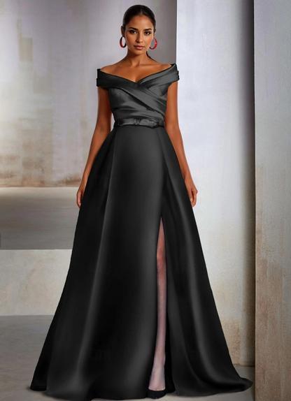 A-Line Wedding Guest Black Tie Floor Length Sleeveless Off Shoulder Pocket Satin with Slit