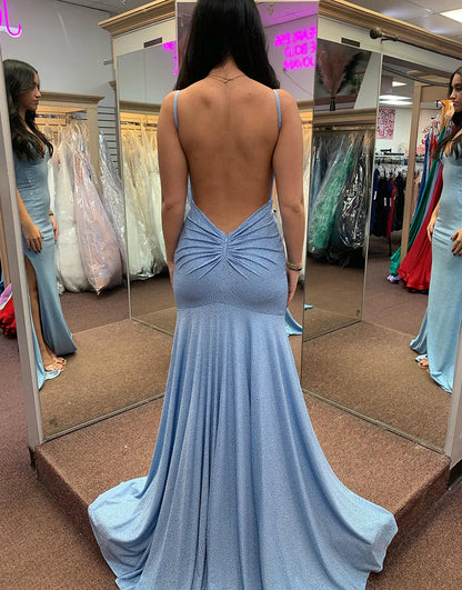 Grey Blue Mermaid V-Neck Spaghetti Strap Long Prom Dress Court Train Dresses