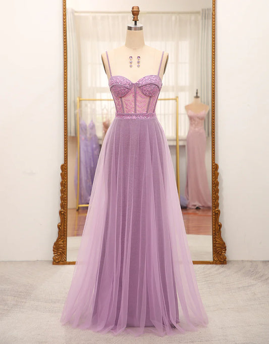 A-Line Princess Lilac Spaghetti Straps Long Corset Prom Dress