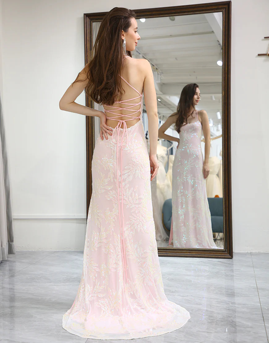 Mermaid Pink Long Prom Dress Backless with Appliques