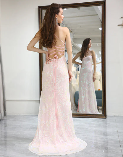 Mermaid Pink Long Prom Dress Backless with Appliques