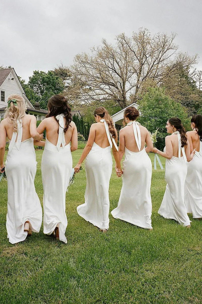 White Sheath Halter White Silk Satin Long Bridesmaid Dresses