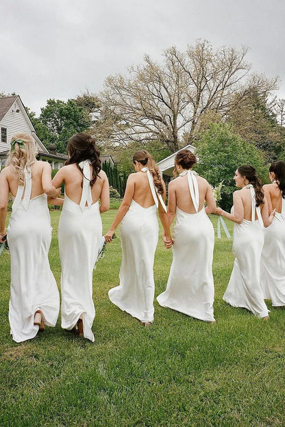 White Sheath Halter White Silk Satin Long Bridesmaid Dresses