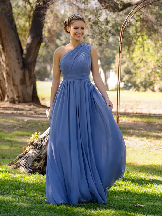 Slate Blue A-Line One-Shoulder Floor-Length Chiffon Bridesmaid Dress