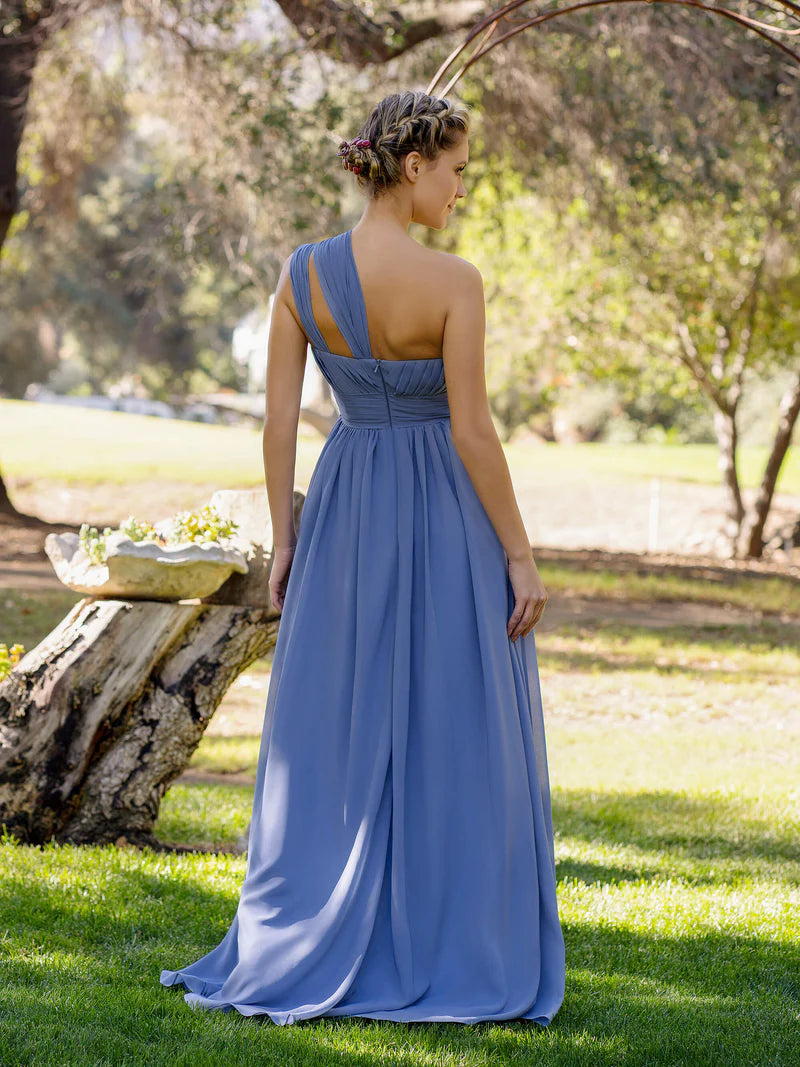 Slate Blue A-Line One-Shoulder Floor-Length Chiffon Bridesmaid Dress