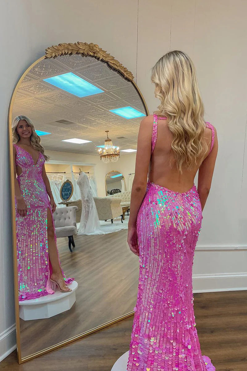 Pink Sequins V Neck Backless Mermaid Backless Long Prom Dress