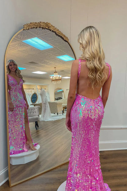 Pink Sequins V Neck Backless Mermaid Backless Long Prom Dress