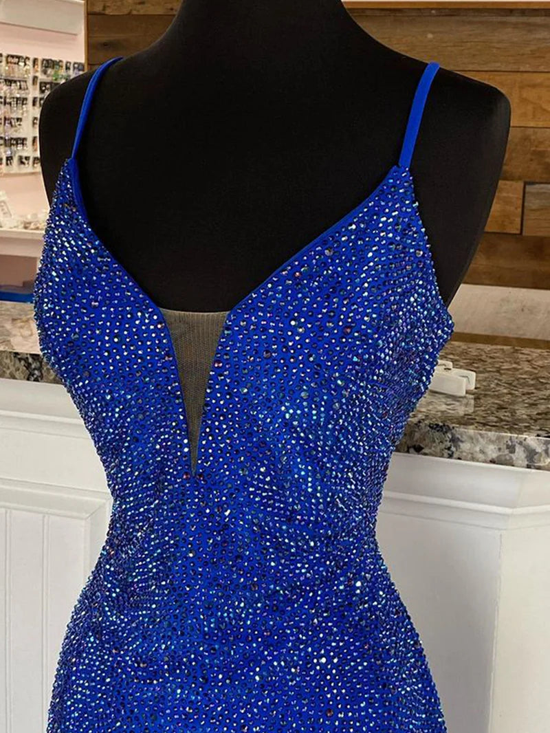Royal Blue Mermaid V Neck Beaded Jersey Prom Dress with Slit
