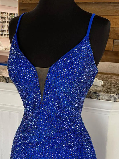 Royal Blue Mermaid V Neck Beaded Jersey Prom Dress with Slit