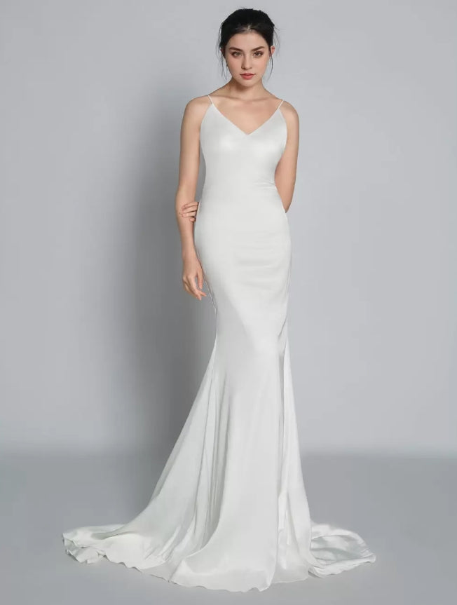 White Simple Mermaid Wedding V-Neck Sleeveless Criss-Cross Spaghetti Straps Lace-Up Backless Satin Fabric Bridal Dresses