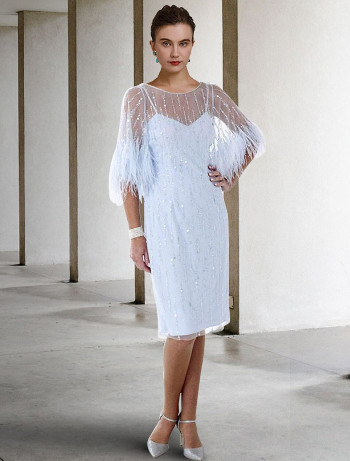 Mother of the Bride Dress Jewel Neck Knee Length Stretch Chiffon Half Sleeve with Feather Beading Sequin