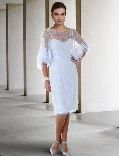 Mother of the Bride Dress Jewel Neck Knee Length Stretch Chiffon Half Sleeve with Feather Beading Sequin