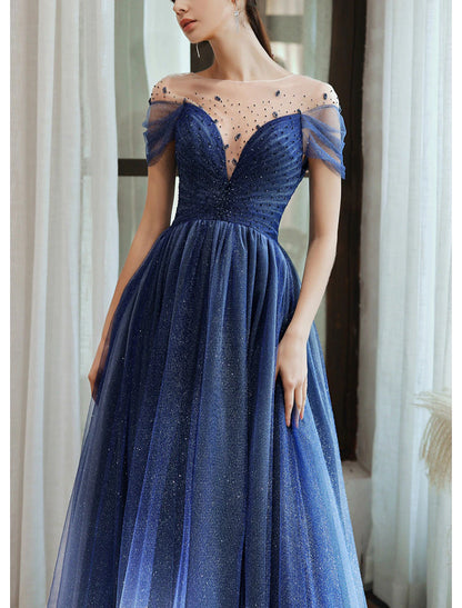 Sheath / Column Sparkle Formal Prom Dress Evening Dress Jewel Neck Floor Length Tulle with Pleats Sequin