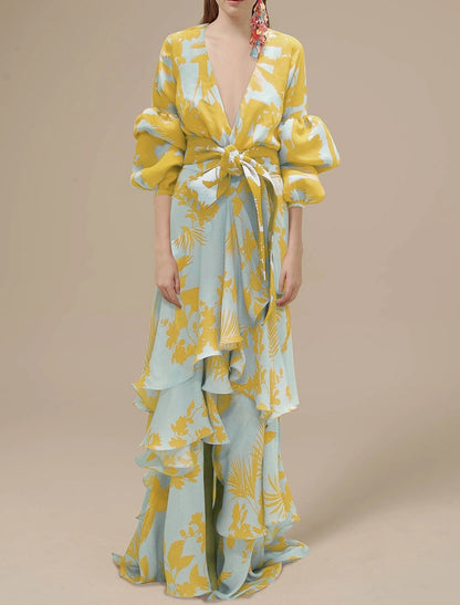 A-Line Floral Wedding Guest Dress Summer Floor Length Long Sleeve V Neck Polyester With Print Strappy