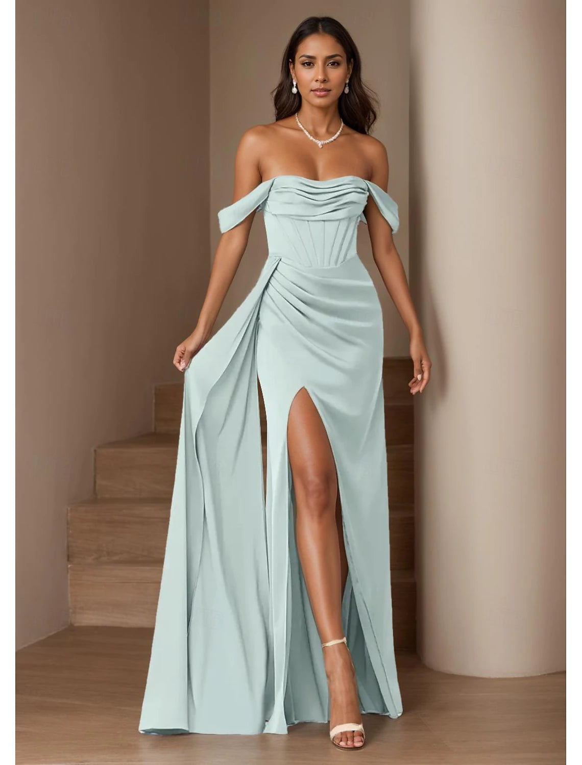 A-Line Wedding Guest Dresses Prom Dress Floor Length Sleeveless Off Shoulder Imitation Silk with Ruched Slit