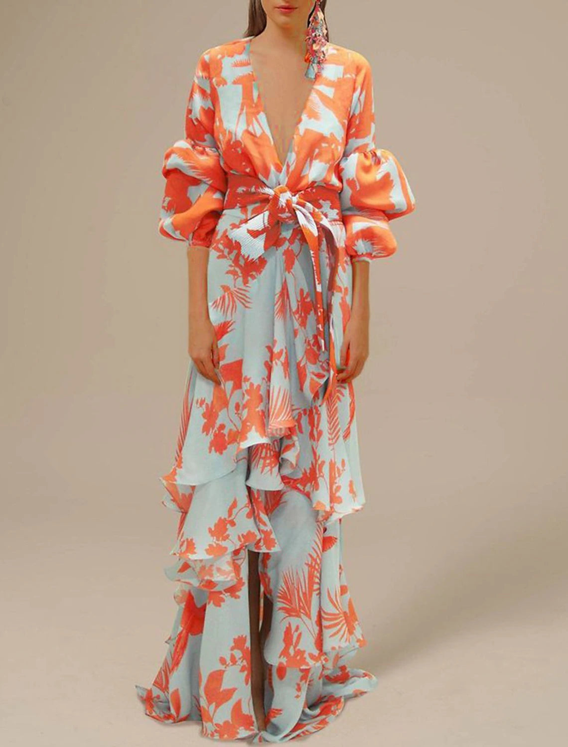 A-Line Floral Wedding Guest Dress Summer Floor Length Long Sleeve V Neck Polyester With Print Strappy