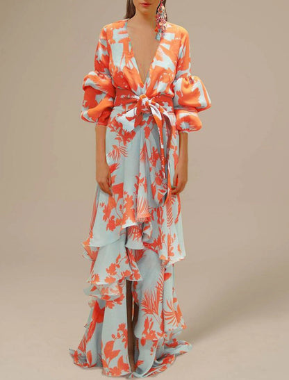 A-Line Floral Wedding Guest Dress Summer Floor Length Long Sleeve V Neck Polyester With Print Strappy