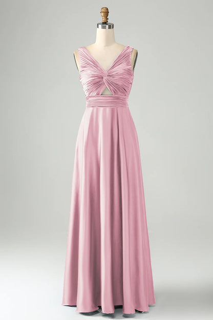 Ink Blue A Line V Neck Cut Out Pleated Satin Long Bridesmaid Dress Wedding Guest Party Dresses