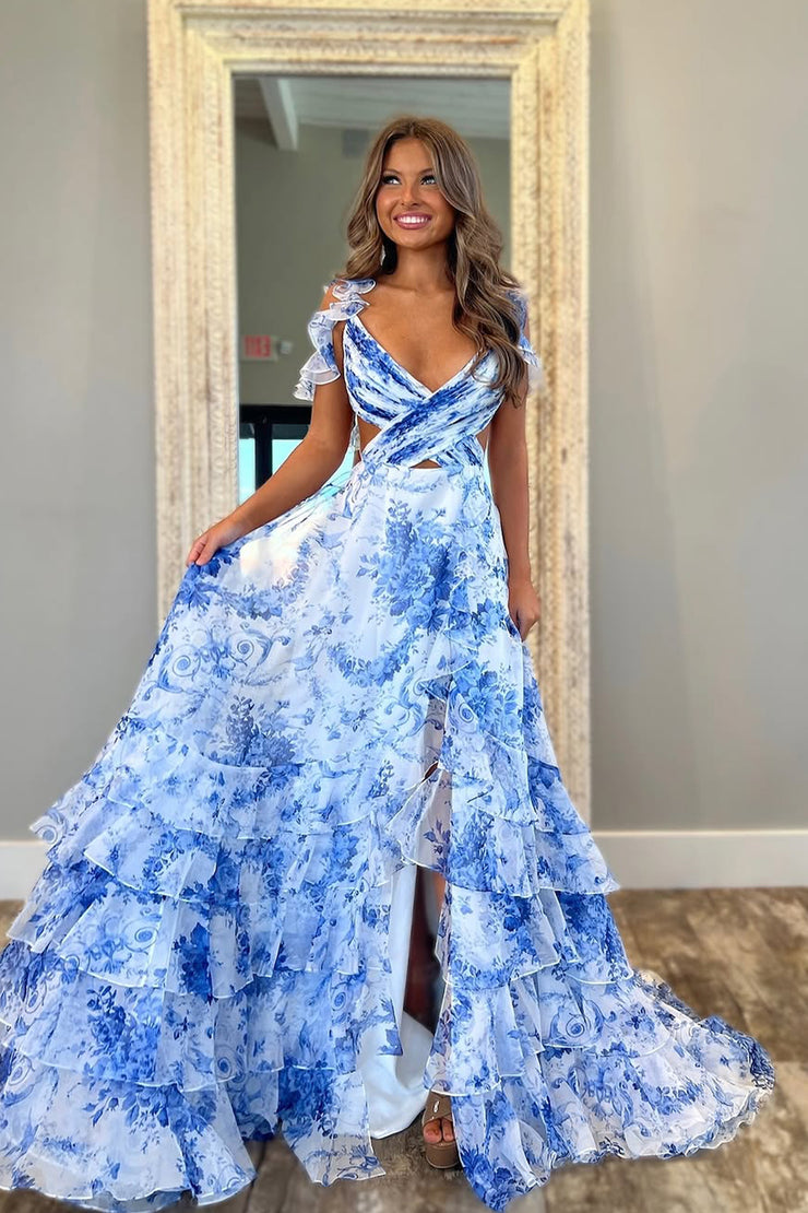 A Line V Neck Floral Printed Chiffon Long Prom Dress with Slit
