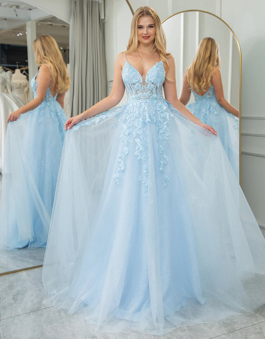 Light Blue A Line Princess Tulle Backless Long Prom Dress With Appliques