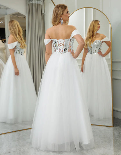 White A Line Princess Tulle Off the Shoulder Long Mirror Prom Dress