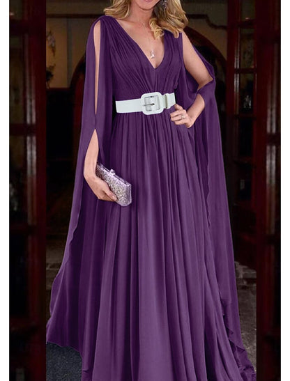 A-Line Wedding Guest Dress Party Dress Black Tie Floor Length Long Sleeve V Neck Fall Chiffon with Belt