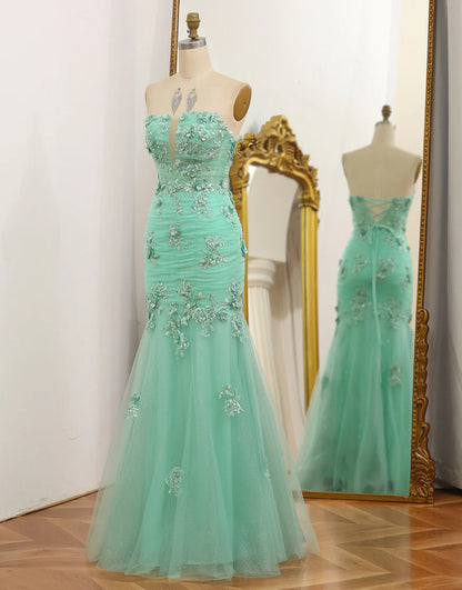 Mermaid Strapless Tulle Long Prom Dress with Appliques