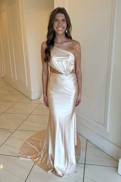 Champagne Prom Dress One-Shoulder Mermaid Satin Long Dress Sweep/Brush Train Dresses