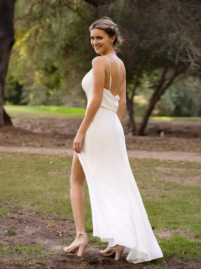 Simple Ivory Spaghetti Straps Slip Bridesmaid Dress with Slit