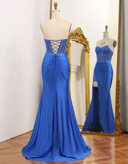 Mermaid Strapless Royal Blue Corset Prom Dress Beading With Slit