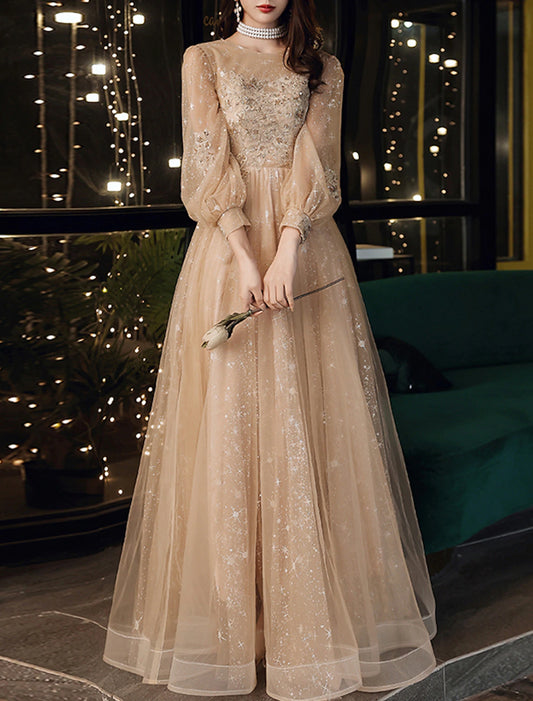 A-Line Prom Dresses Wedding Guest Floor Length Long Sleeve Jewel Neck Tulle with Sequin Appliques
