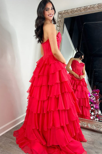 Cute A Line Sweetheart Red Chiffon Tiered Long Prom Dresses with Slit