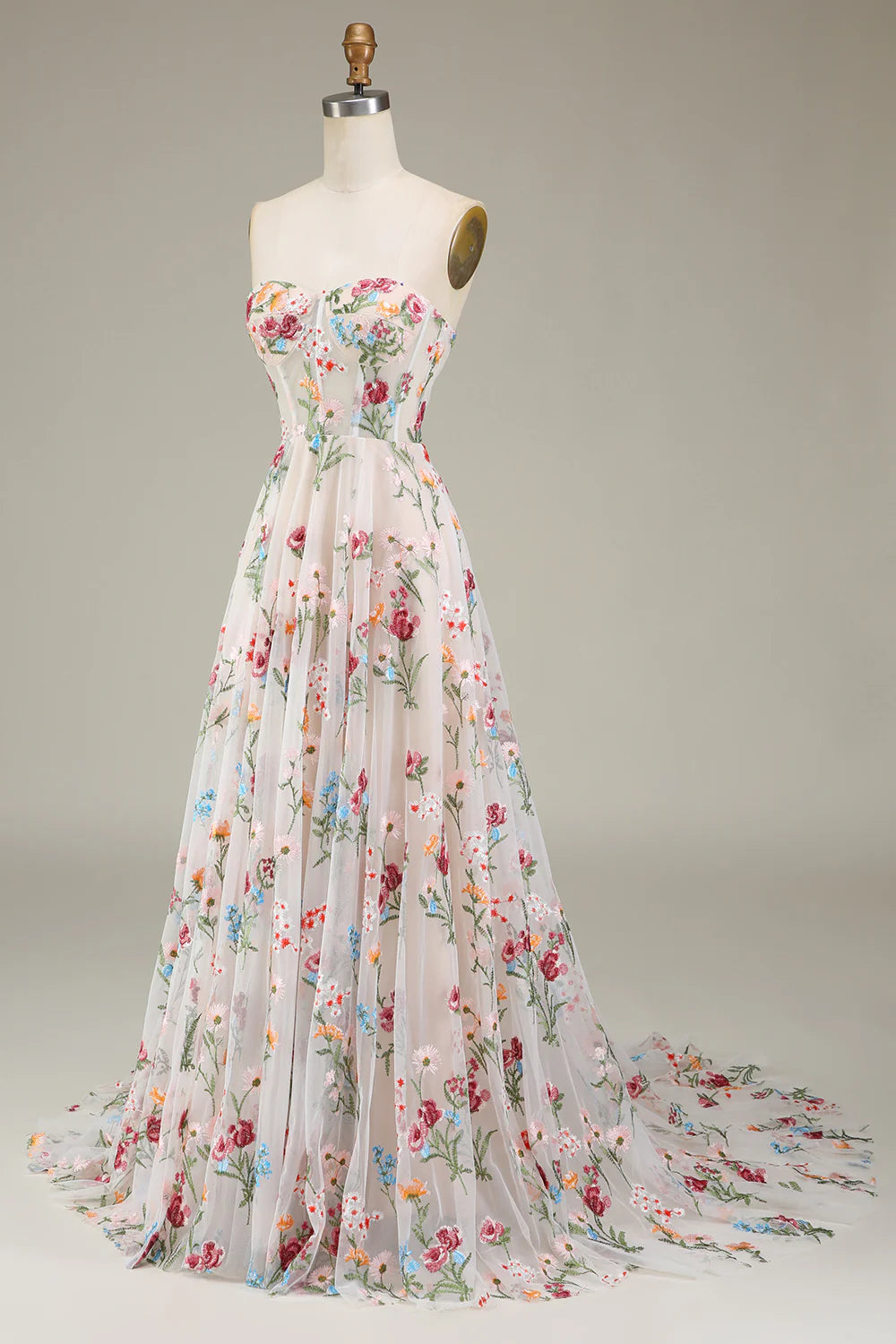 A-Line Sweetheart Corset Prom Dress Court Train Dresses With Flower