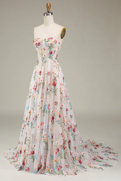 A-Line Sweetheart Corset Prom Dress Court Train Dresses With Flower