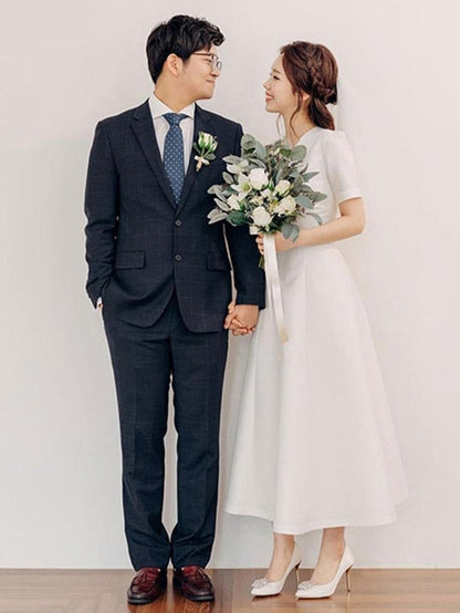 Simple Wedding Dress V-Neck Short Sleeves Tea length A-Line Bridal Dresses