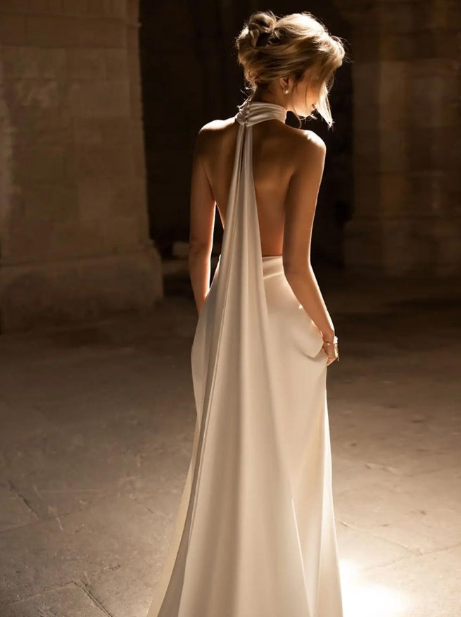 Simple Wedding Dress Mermaid V-Neck Sleeveless Satin Floor-length Bridal Dresses