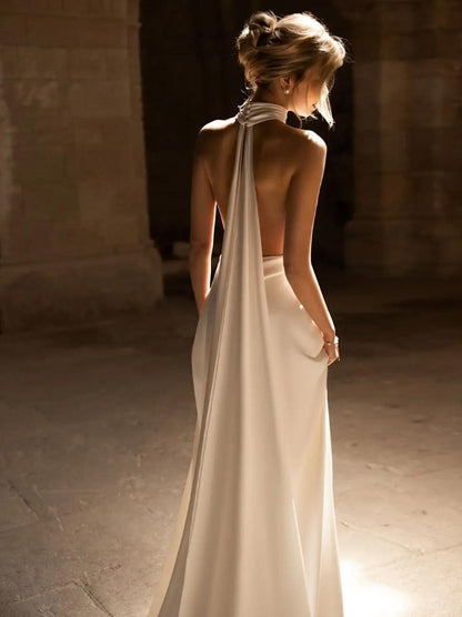 Simple Wedding Dress Mermaid V-Neck Sleeveless Satin Floor-length Bridal Dresses