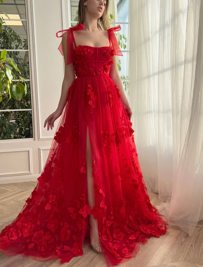 Red Cute A-Line Lace 3D Flower Long Prom Dress With Slit