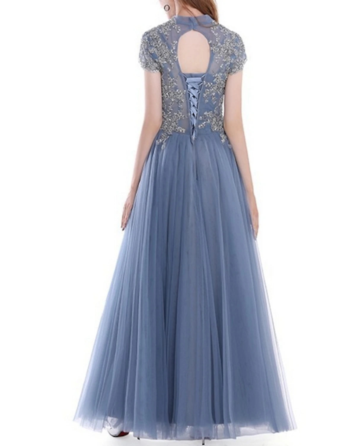 A-Line Evening Gown Prom Dress Quinceanera Floor Length High Neck Tulle with Pleats Appliques