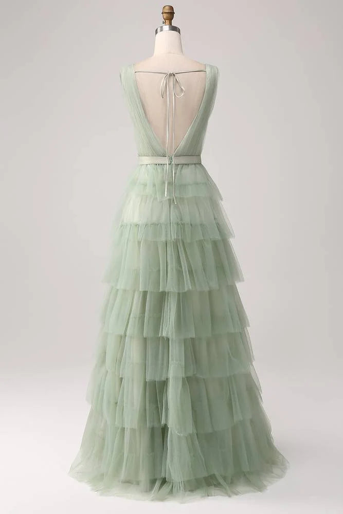 V-Neck Sage Green Tiered Floor-length A-Line Maxi Dress