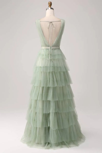 V-Neck Sage Green Tiered Floor-length A-Line Maxi Dress