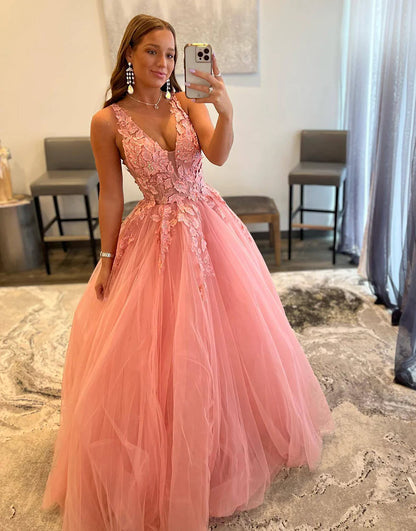 Pink A-Line Deep V-neck Tulle Prom Dress with Appliques
