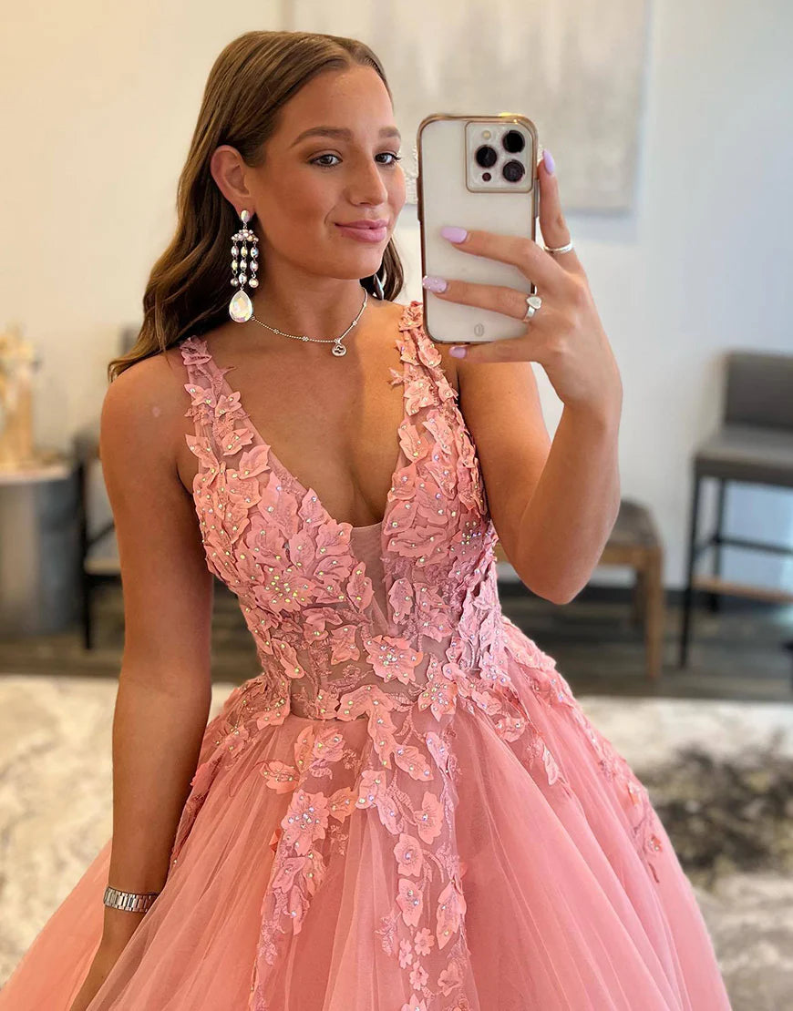 Pink A-Line Deep V-neck Tulle Prom Dress with Appliques